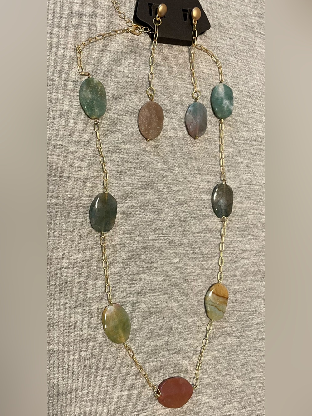 Brushed Gold-Tone Long Necklace with Multi-Tone Agate Beads- Women Jewelry